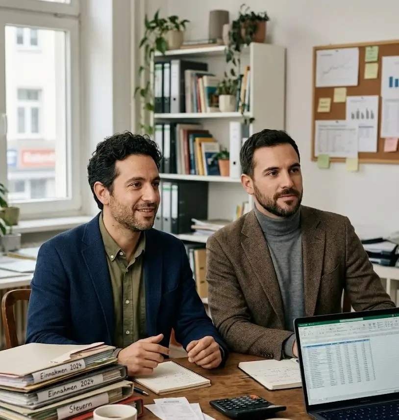 Zwei Mitglieder des Kaya-Consulting-Teams an einem Schreibtisch, umgeben von beschrifteten Belegordnern, Notizbüchern und einem geöffneten Laptop mit laufender Buchhaltung